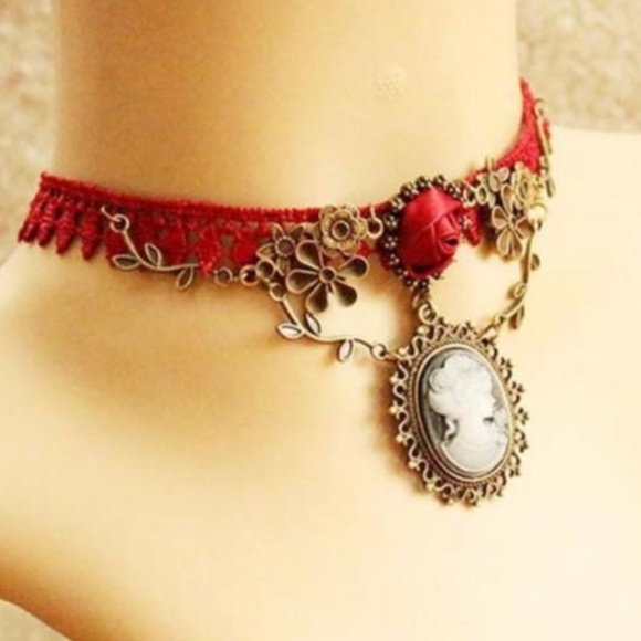Jewelry - Cameo Pendant Red Rose Crochet Choker Bib Necklace